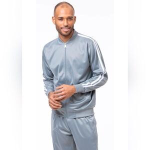 MEN'S MONTIQUE SILVER 2 PIECE SPORT TRACK SUIT WITH DOUBLE SIDE STRIPE. JS26.